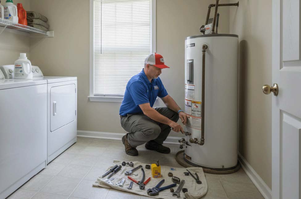 Man working on a water heater in the laundry room.